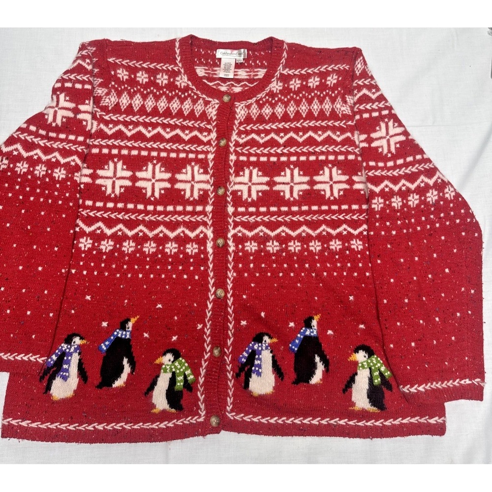 Coldwater Creek Women's XXL Cardigan Sweater Red Fair Isle Holiday PENGUIN
